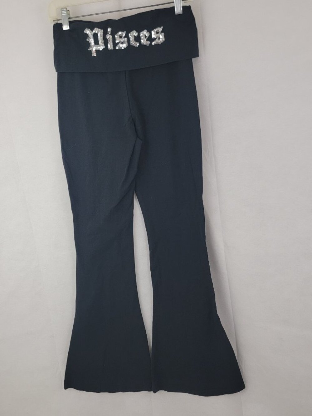 FOREVER21 Womens Yoga Pants M Bootcut Flare Fold Over BLACK Zodiac Sequins Y2K